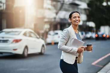 City, businesswoman and portrait with tea for travel,...