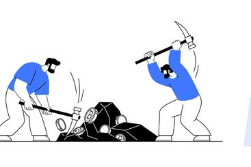 Workers Mining Rocks, Shopping Bag, and VPN Shield Near...