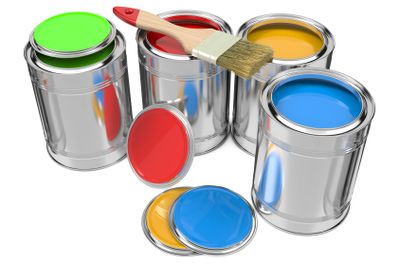 Group of Colorful Paint Cans with Paintbrush.