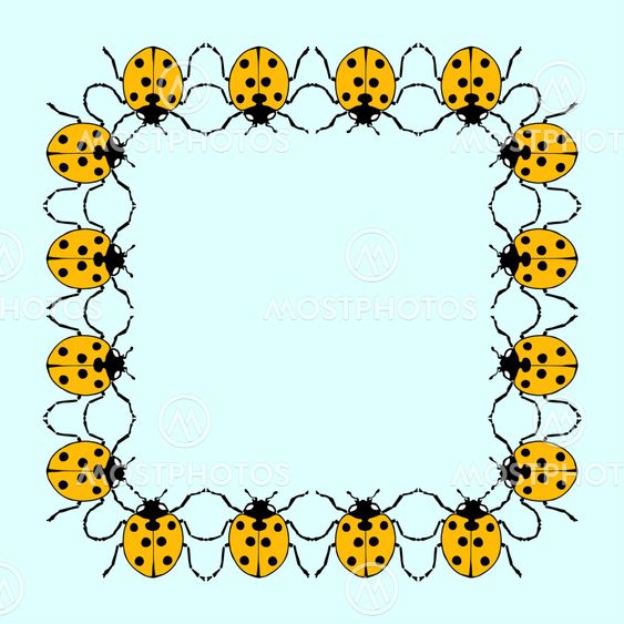 Vector square frame from flat ladybugs on blue background