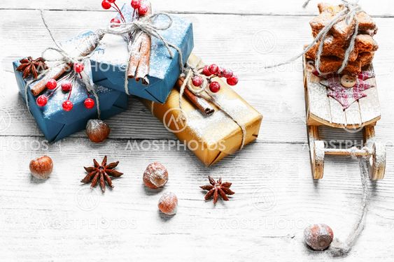 Santa's sleigh and gift. Christmas card