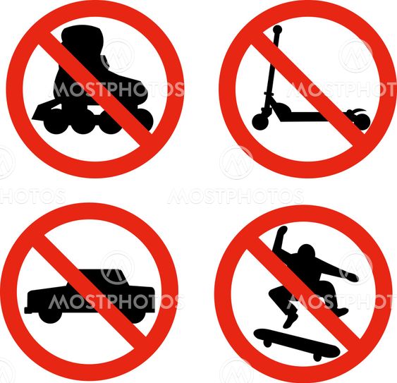 road sign showing no skating roller blades no scooter no parking