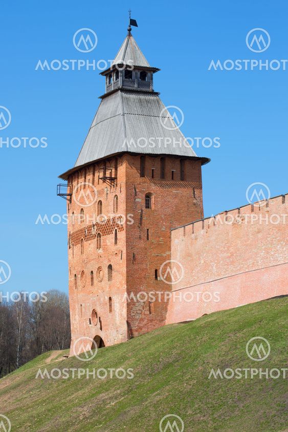 The tower of the Novgorod Kremlin, sunny april day. Veliky Novgorod, Russia