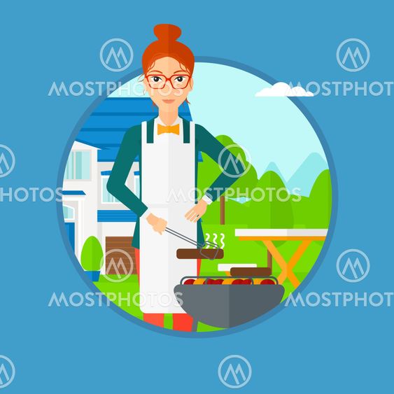 Woman cooking meat on barbecue grill.