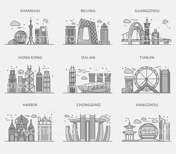Icons Chinese Major Cities Flat Style