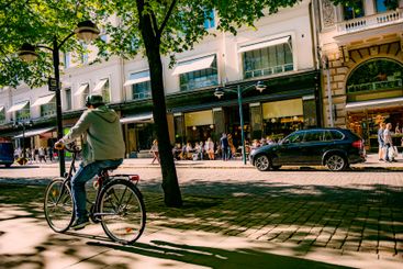 Pedestrians on city street in Helsinki, Finland