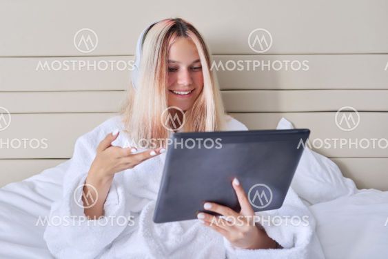 Online communication, video call, teenage girl in...