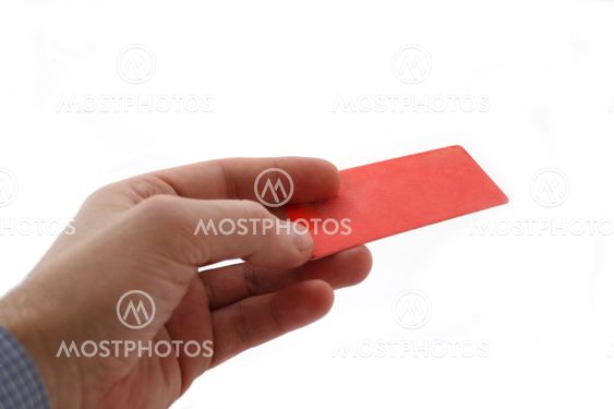 hand with card on white background into large pieces