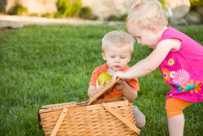 Brother and Sister Toddlers Playing with Apple and Picnic...