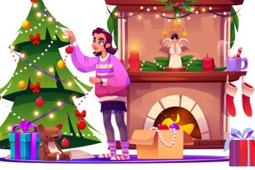 Woman decorate home Christmas tree near fireplace