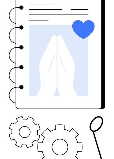 Notebook with Prayer Hands, Heart Symbol, Gears, and...