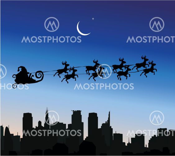Santa Claus riding his sleigh over a city