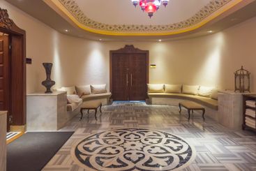 Interior of a luxury hotel lobby in the evening