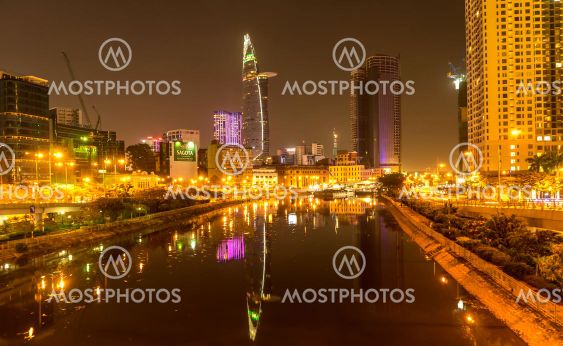 View of the river and the skyline in Ho Chi Minh City at...