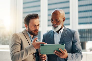 Business people, tablet and men in city, stress and...