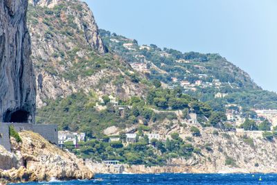 Daylight view to big mountains with trees and buildings