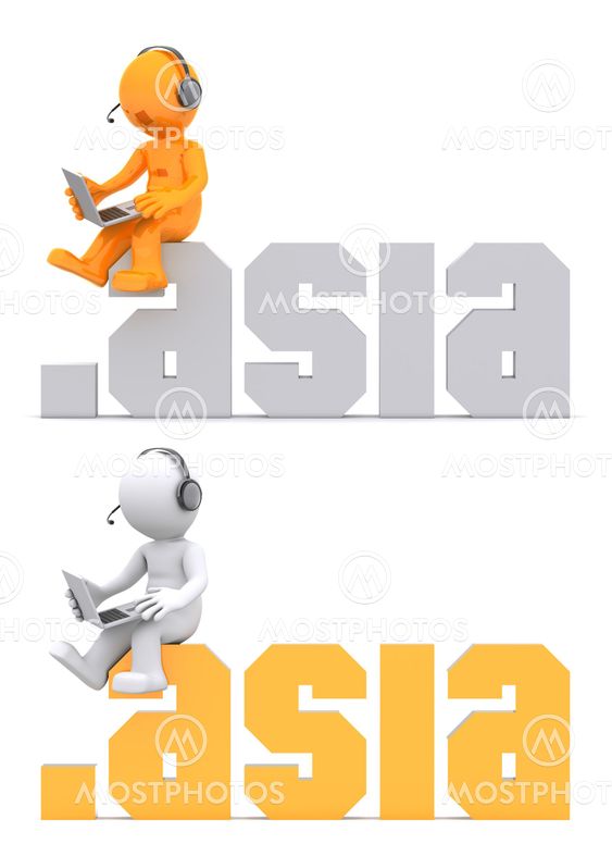 3d character sitting on .asia domain sign
