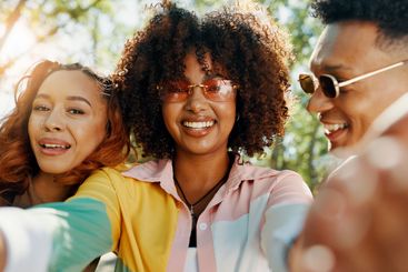 Hangout, smile or friends in park for selfie together...