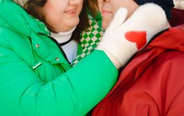 Winter plus size couple lovestory. Happy smiling man,...