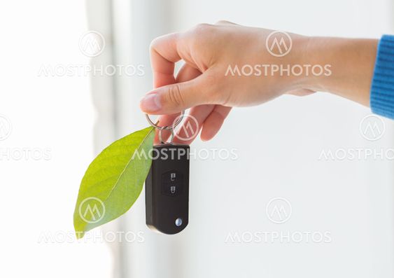 close up of hand holding car key with green leaf