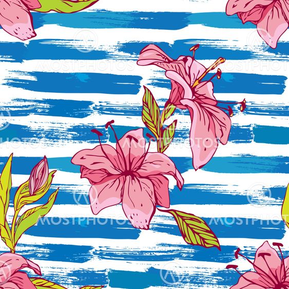 Seamless pattern with tiger lilies flowers on the striped...