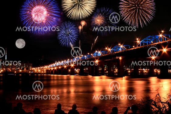 Spectacular Fireworks at Han River in full moon
