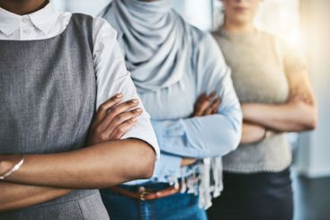 Closeup, business people and women with arms crossed,...
