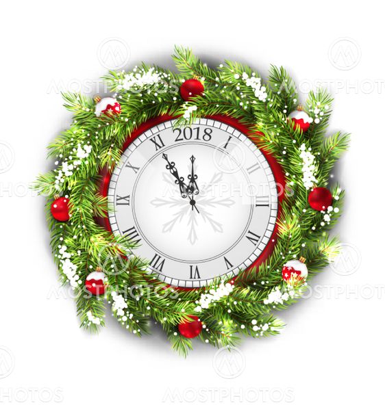 Christmas Wreath with Clock, New Year Decoration on White...