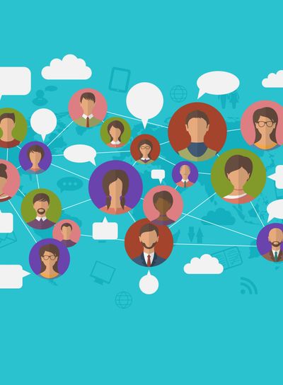 Social connection on world map with people icons