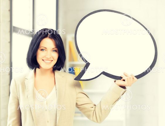 smiling businesswoman with blank text bubble