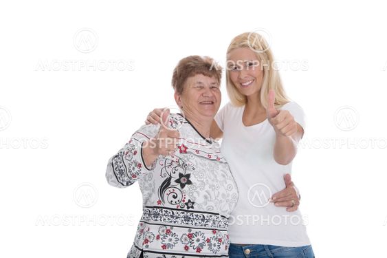 Grandmother and granddaughter isolated making publicity.