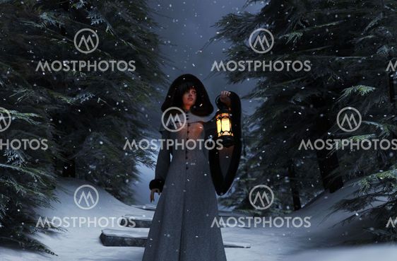 Winter's forest story,Young woman in hooded cloak with...