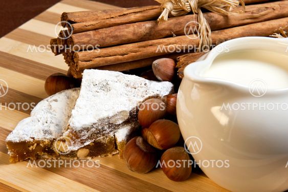 gingerbread, nuts, milk and cinnamon