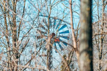 Old farm windmill turbine seen through bare tree branches