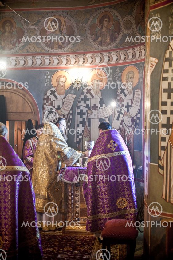 MOSCOW - MARCH 14: Orthodox liturgy with bishop Mercury in High Monastery of St Peter in Moscow on March 14, 2010 in Moscow