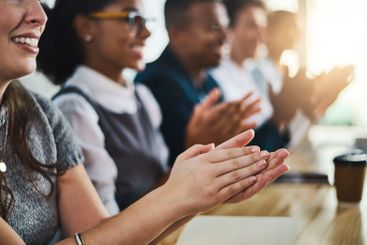 Business people, celebration and clapping hands for...