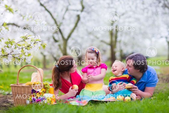 Family enjoying picnic in blooming garden