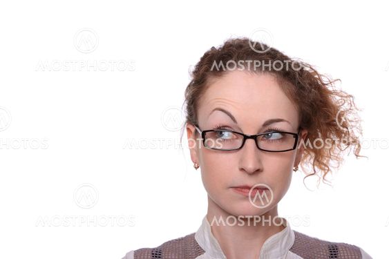 Young woman surprised sceptic look isolated on white