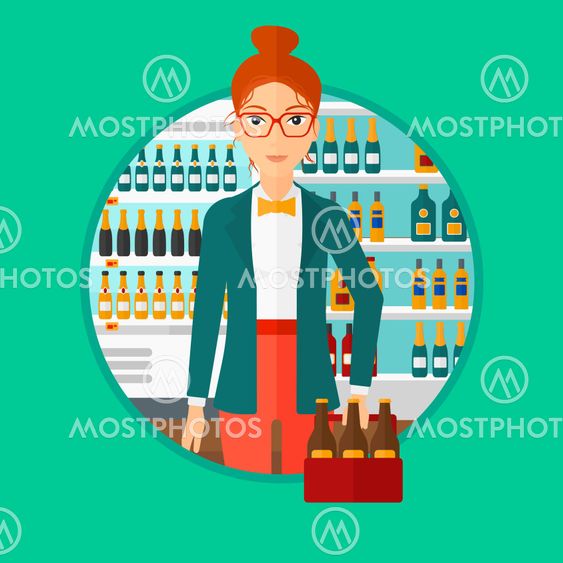 Woman with pack of beer at supermarket.