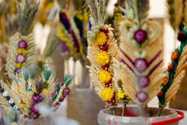 Traditional Lithuanian Easter palms known as verbos sold...