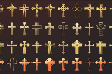 Golden crucifix. Christian crucifixion cross icon set,...