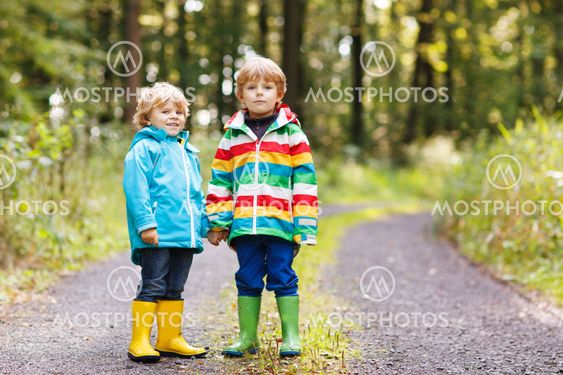 Two little sibling boys in colorful raincoats and boots walking through autumn forest