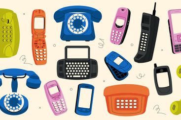 Vintage phones. Cartoon retro telephone devices and cell...