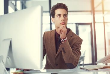 Thinking, computer and vision with business man in...