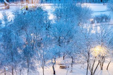 city park with playground in blue winter dusk