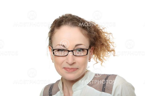 Young woman funny surprised look on white