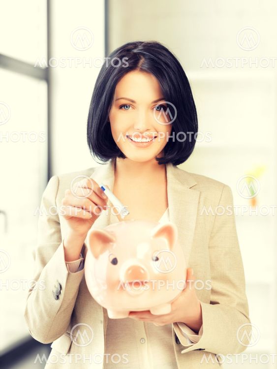 lovely woman with piggy bank and money