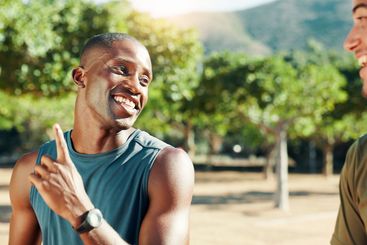 Fitness, friends and men with routine, outdoor and...