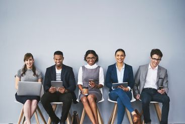 Hiring, waiting room and row of people with portrait,...