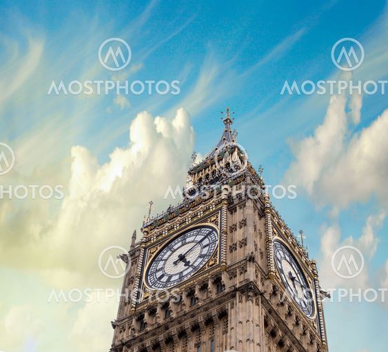 The Big Ben Tower Top in London against dramatic sky